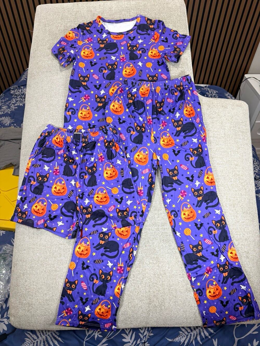 NWOT Girls Halloween Black Cat 3pc Lounge Set Short Sleeve Purple 11-12Y
